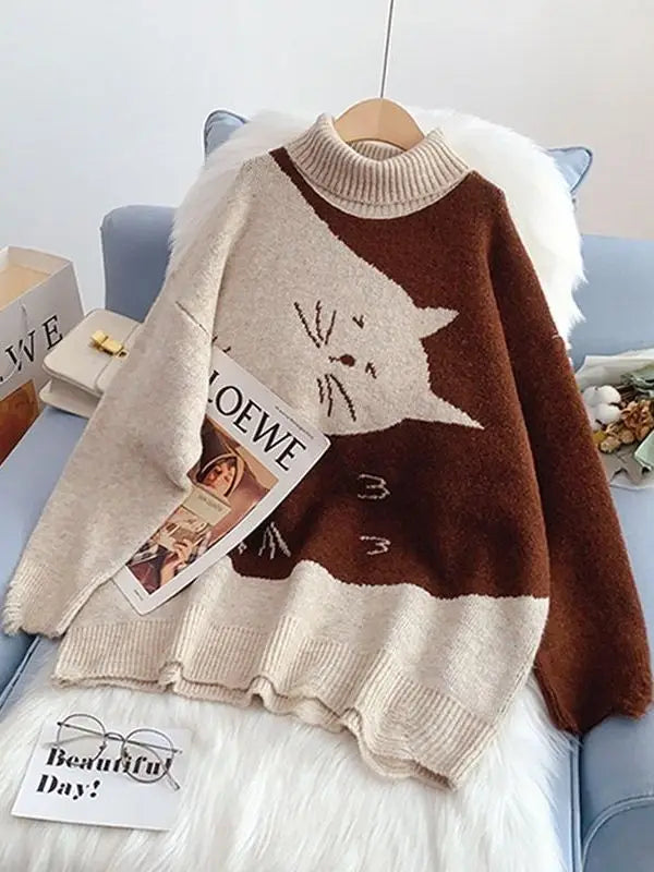 Oversized Double Cat Knit Sweater