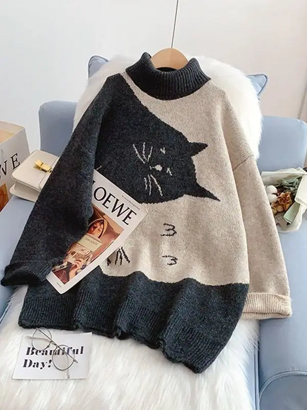 Oversized Double Cat Knit Sweater