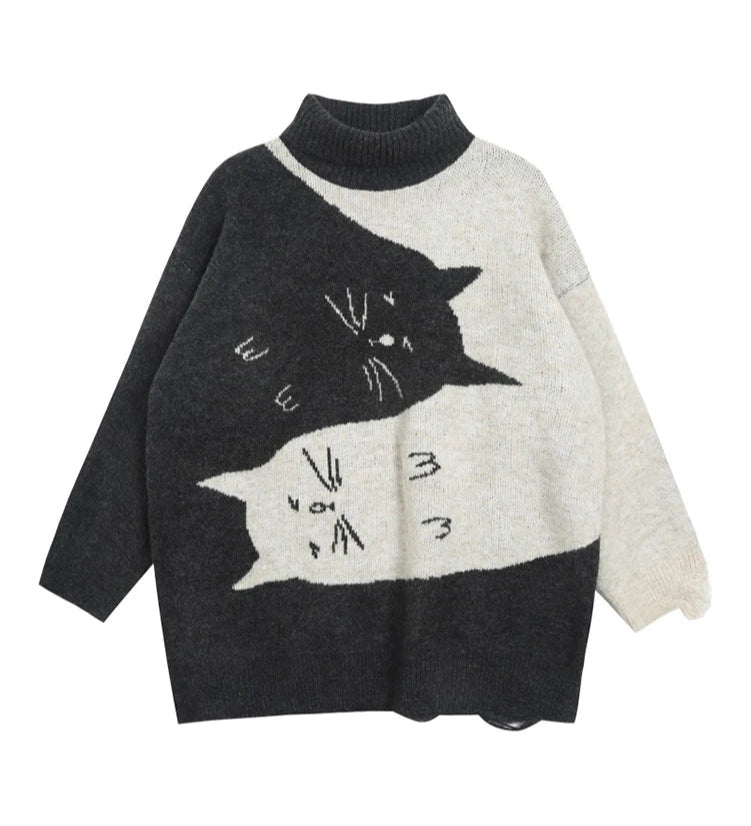 Oversized Double Cat Knit Sweater