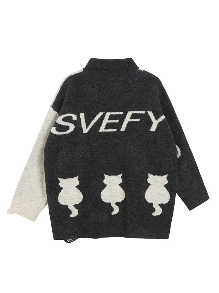 Oversized Double Cat Knit Sweater