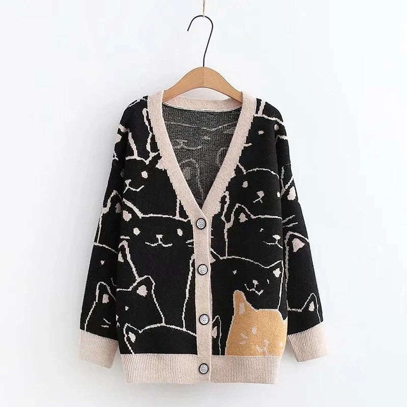 Cat V Neck Women's Knit Cardigan