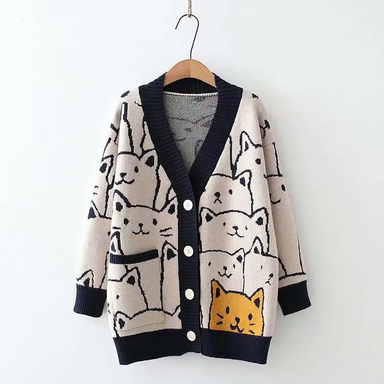 Cat V Neck Women's Knit Cardigan