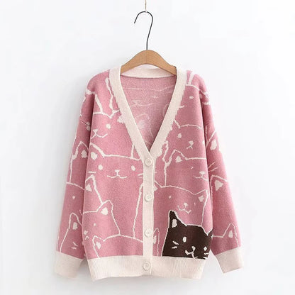 Cat V Neck Women's Knit Cardigan