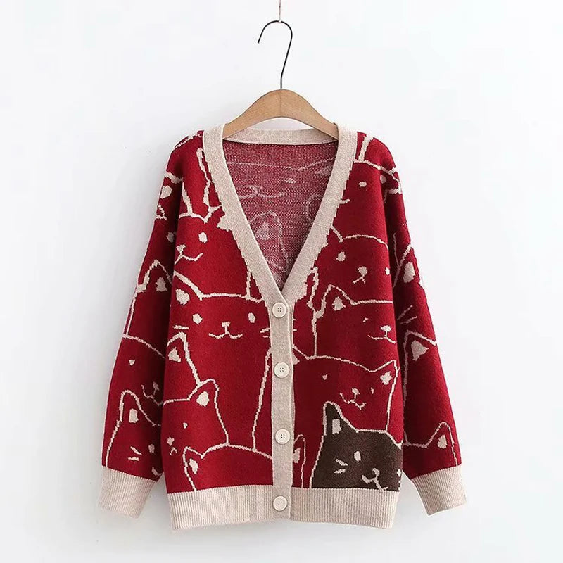 Cat V Neck Women's Knit Cardigan