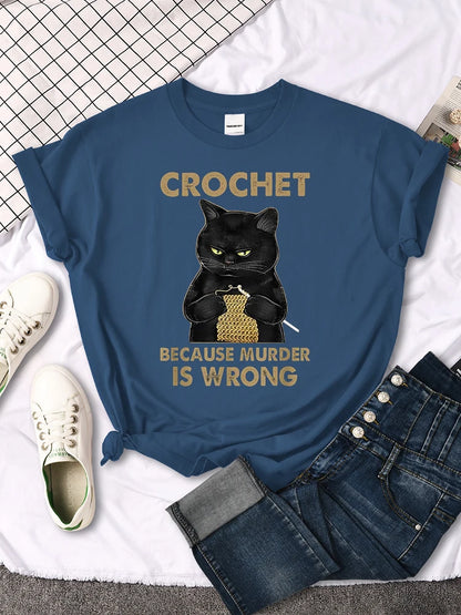 "Crochet Because Murder Is Wrong"Black Cat T-shirt