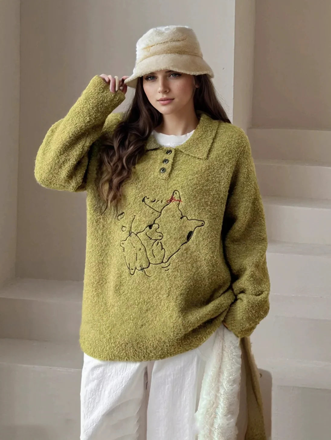 Y2K Korean Embroidered Cat Sweater