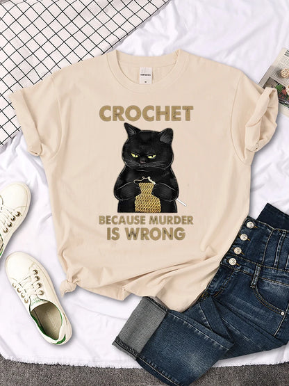 "Crochet Because Murder Is Wrong"Black Cat T-shirt