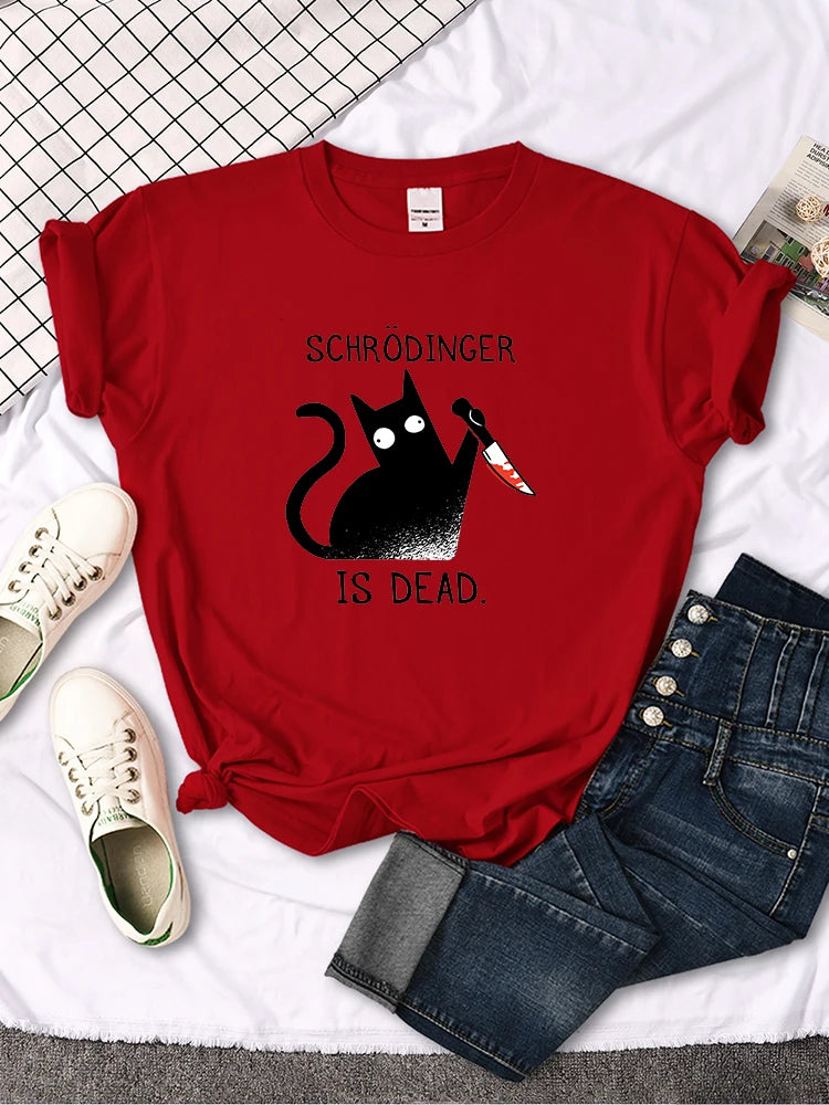 "Schrodinger Is Dead "Black Cat Print T-shirt