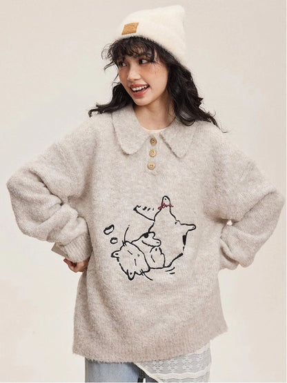 Y2K Korean Embroidered Cat Sweater