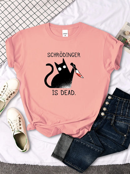 "Schrodinger Is Dead "Black Cat Print T-shirt