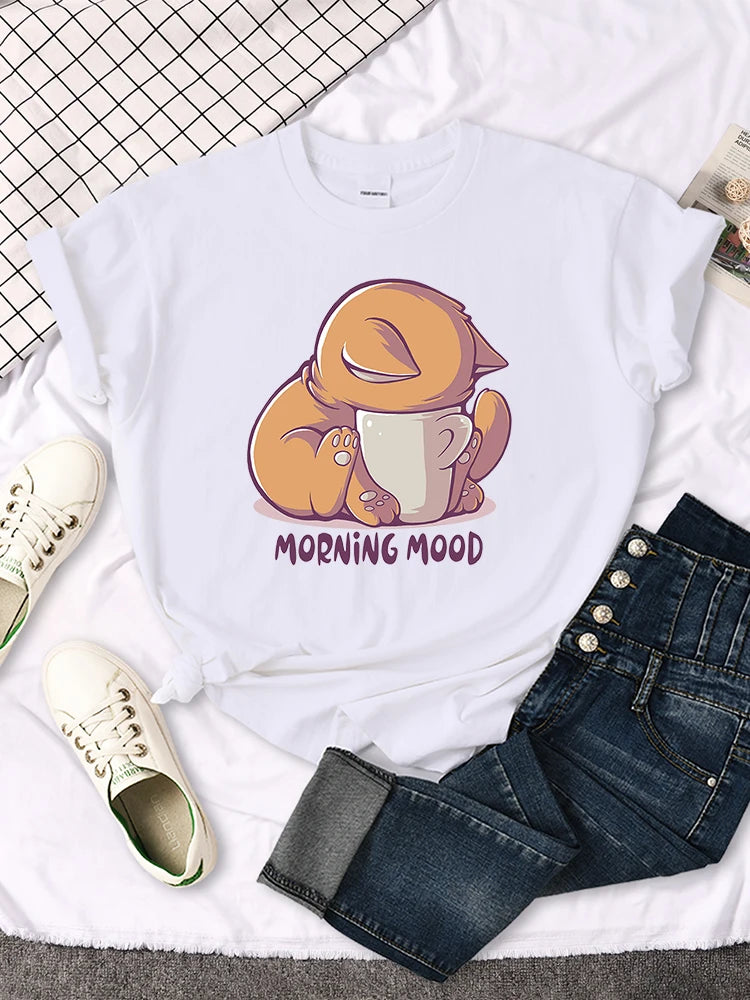 "Morning Mood "Orange Cat Printed T-Shirt