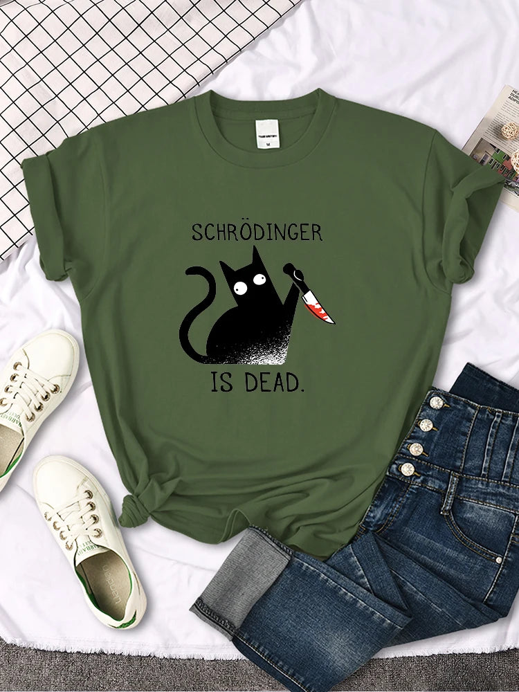 "Schrodinger Is Dead "Black Cat Print T-shirt