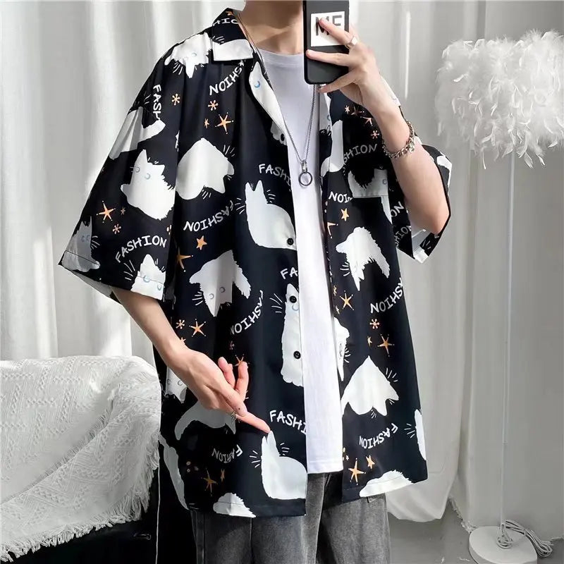 Black Cat Hawaiian Oversized Shirt