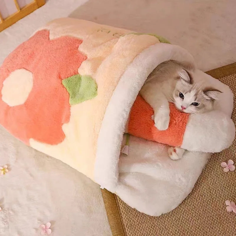 Japanese Sakura Warm Cat Bed with Cushion