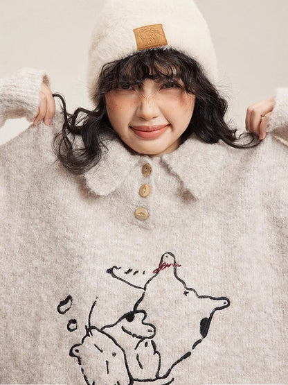 Y2K Korean Embroidered Cat Sweater