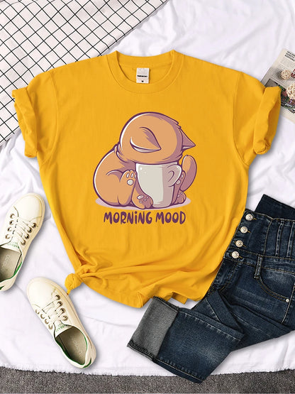 "Morning Mood "Orange Cat Printed T-Shirt