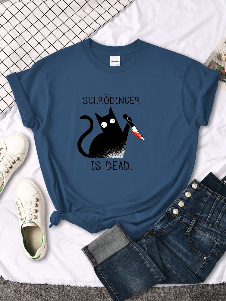 "Schrodinger Is Dead "Black Cat Print T-shirt