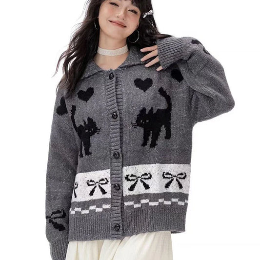 Oversized Knitted Cardigan - Vintage Cartoon Cat