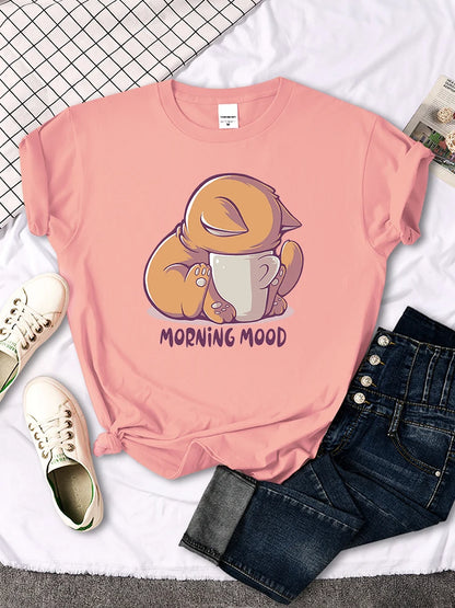 "Morning Mood "Orange Cat Printed T-Shirt