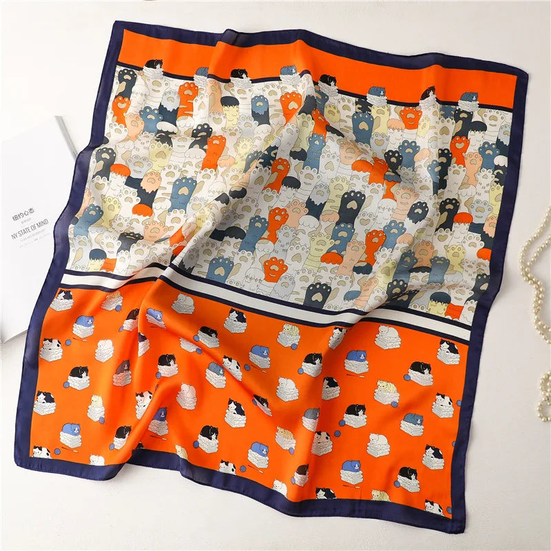 Cat Print Satin Headscarf