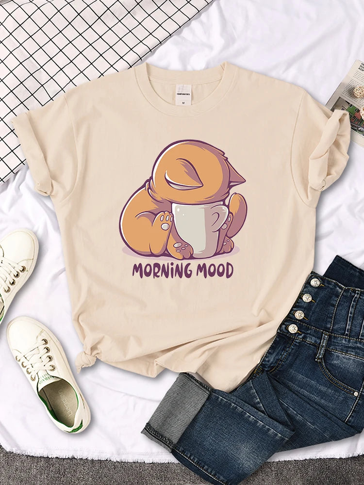 "Morning Mood "Orange Cat Printed T-Shirt