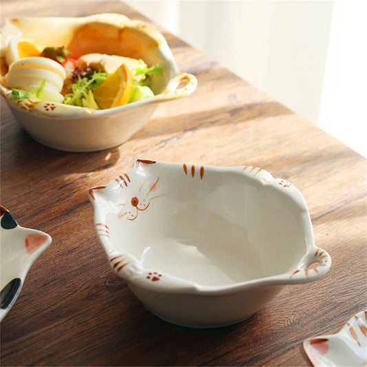 Hand-Painted Cat Ceramic Salad Bowl