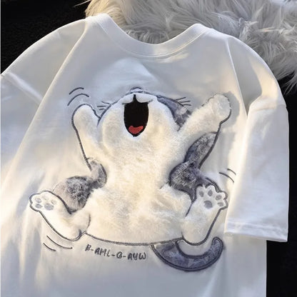 Cute Cat Embroidery Flocking Unisex T-shirt