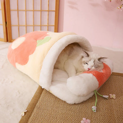 Japanese Sakura Warm Cat Bed with Cushion