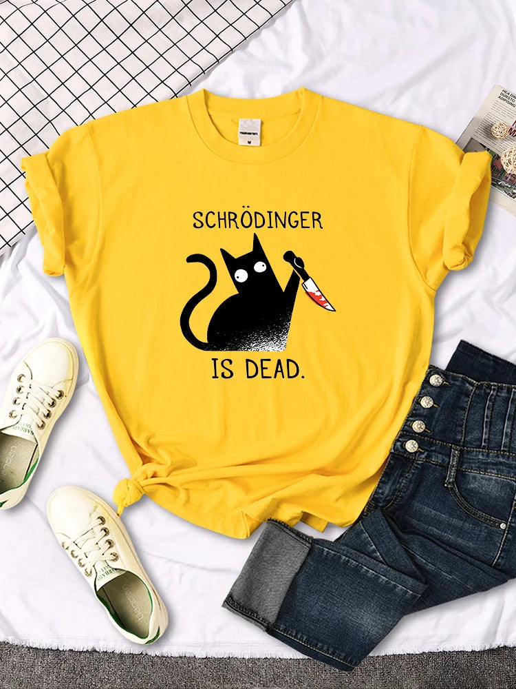 "Schrodinger Is Dead "Black Cat Print T-shirt