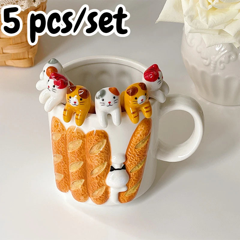 5Pcs Kitty Spoons &Mug Set