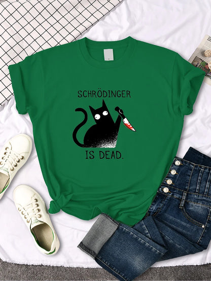 "Schrodinger Is Dead "Black Cat Print T-shirt