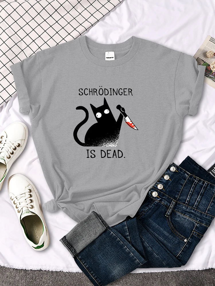 "Schrodinger Is Dead "Black Cat Print T-shirt