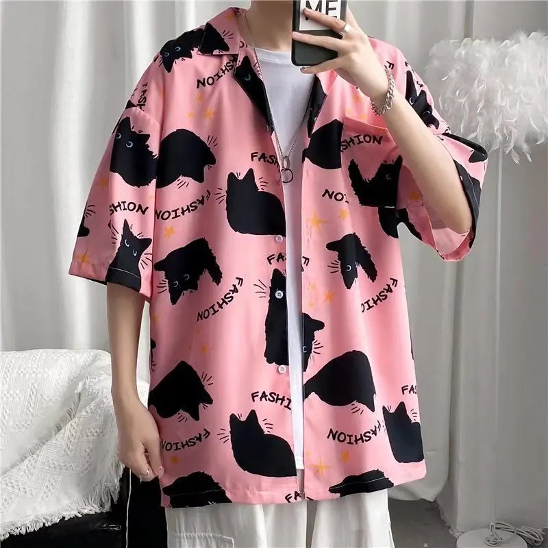 Black Cat Hawaiian Oversized Shirt