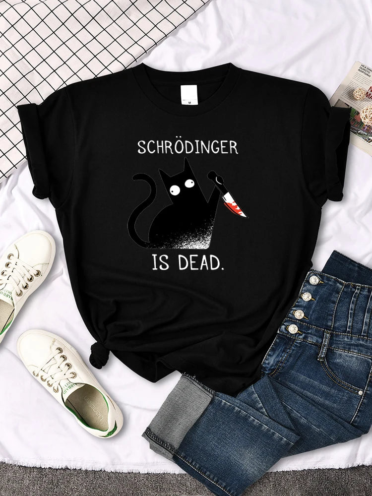 "Schrodinger Is Dead "Black Cat Print T-shirt