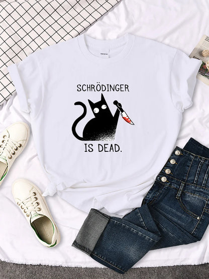 "Schrodinger Is Dead "Black Cat Print T-shirt