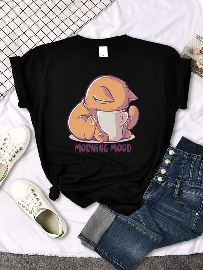 "Morning Mood "Orange Cat Printed T-Shirt