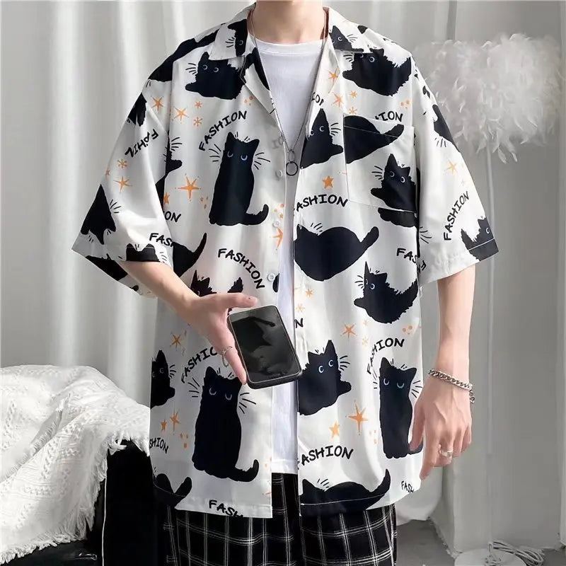 Black Cat Hawaiian Oversized Shirt