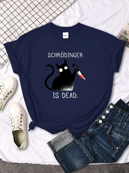 "Schrodinger Is Dead "Black Cat Print T-shirt