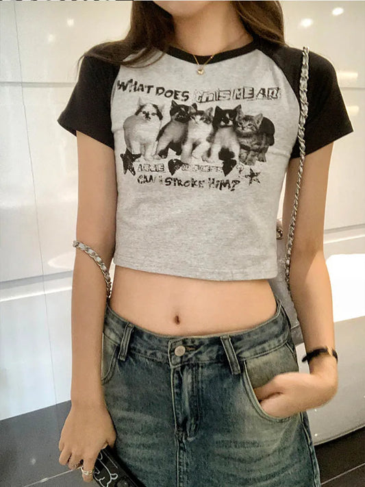 Women's Y2k Cat Print Slim T-Shirt