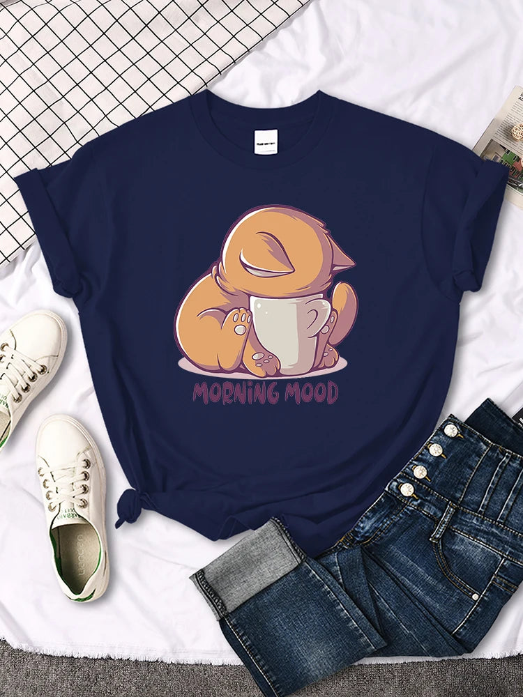 "Morning Mood "Orange Cat Printed T-Shirt