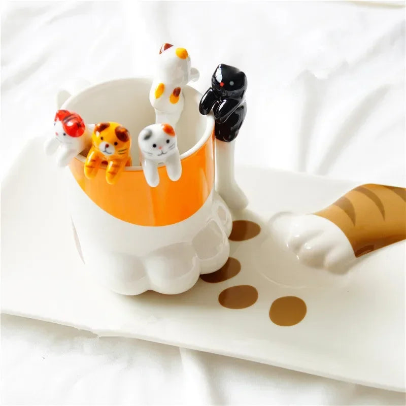 5Pcs Kitty Spoons &Mug Set