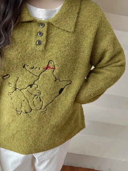 Y2K Korean Embroidered Cat Sweater