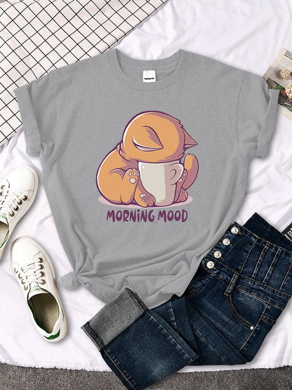 "Morning Mood "Orange Cat Printed T-Shirt